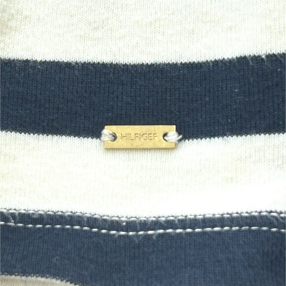 Tommy Hilfiger L Knit Top Faux Leather Yokes Navy Blue White Stripes 3/4 Sleeve - Picture 6 of 8